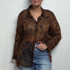 Chico's Copper Print Sheer Button Down Blouse Sz 3/XL